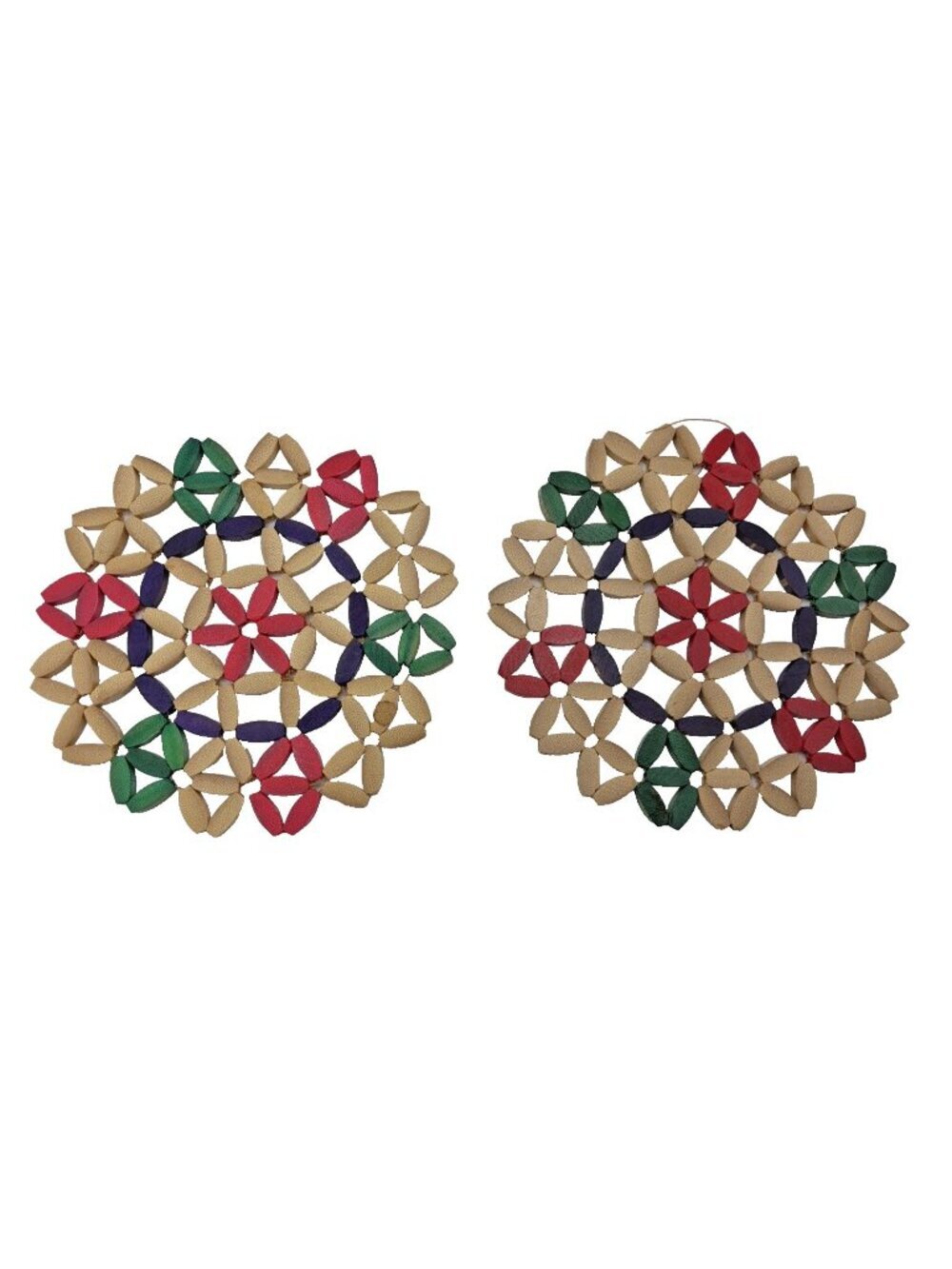 Vintage Folk Art Wooden Bead Trivets Red Green Natural Lot of 2 Hot Pad Pot Mat